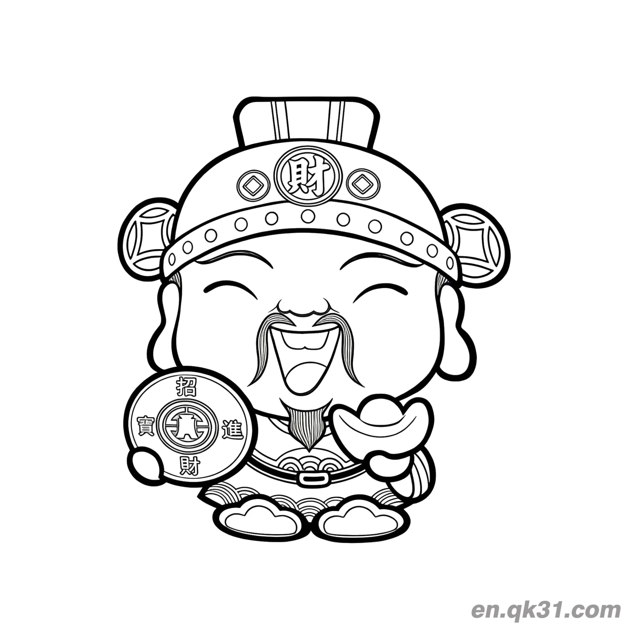 免费 中国新年涂色页：卡通财神和幸运币 简笔画涂色页
