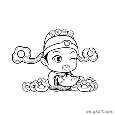 中国新年涂色页：Q版财神坐在硬币上 – 免费可打印简笔画涂色画