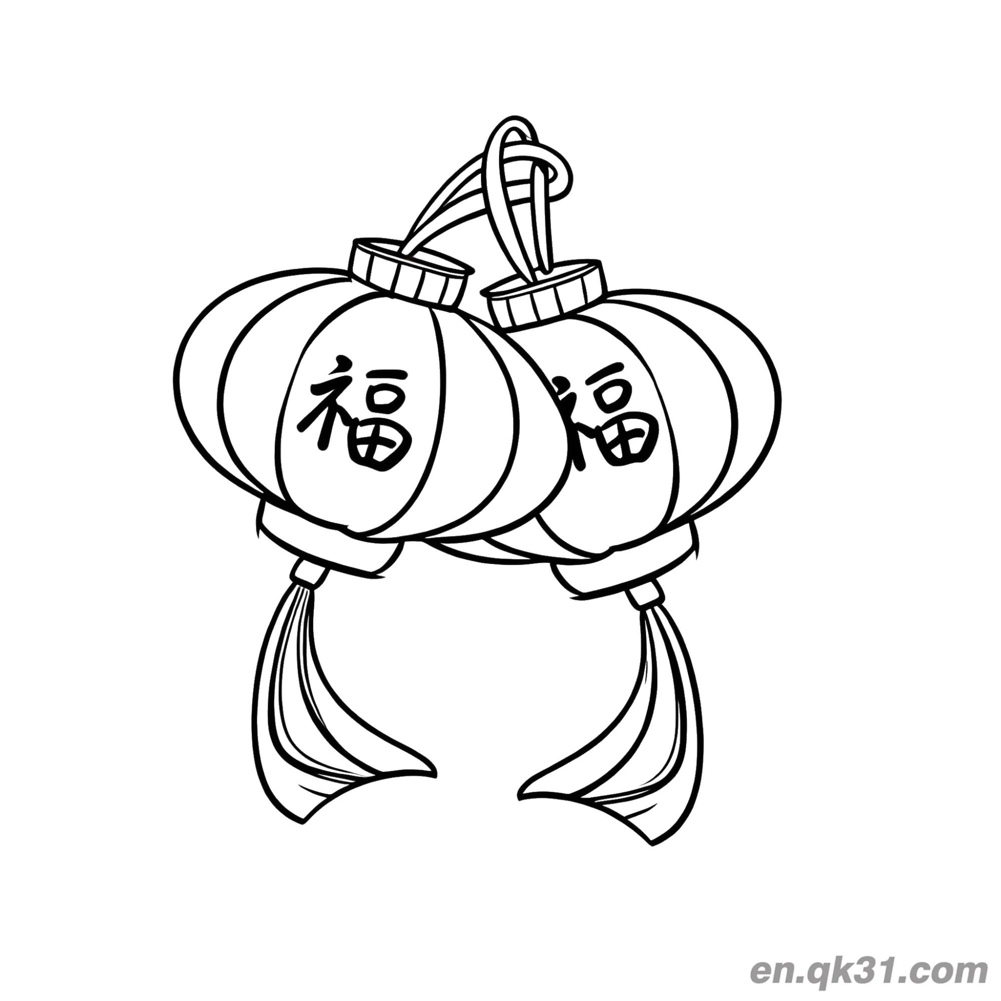 免费 中国新年涂色页：双灯笼和福字 简笔画涂色页