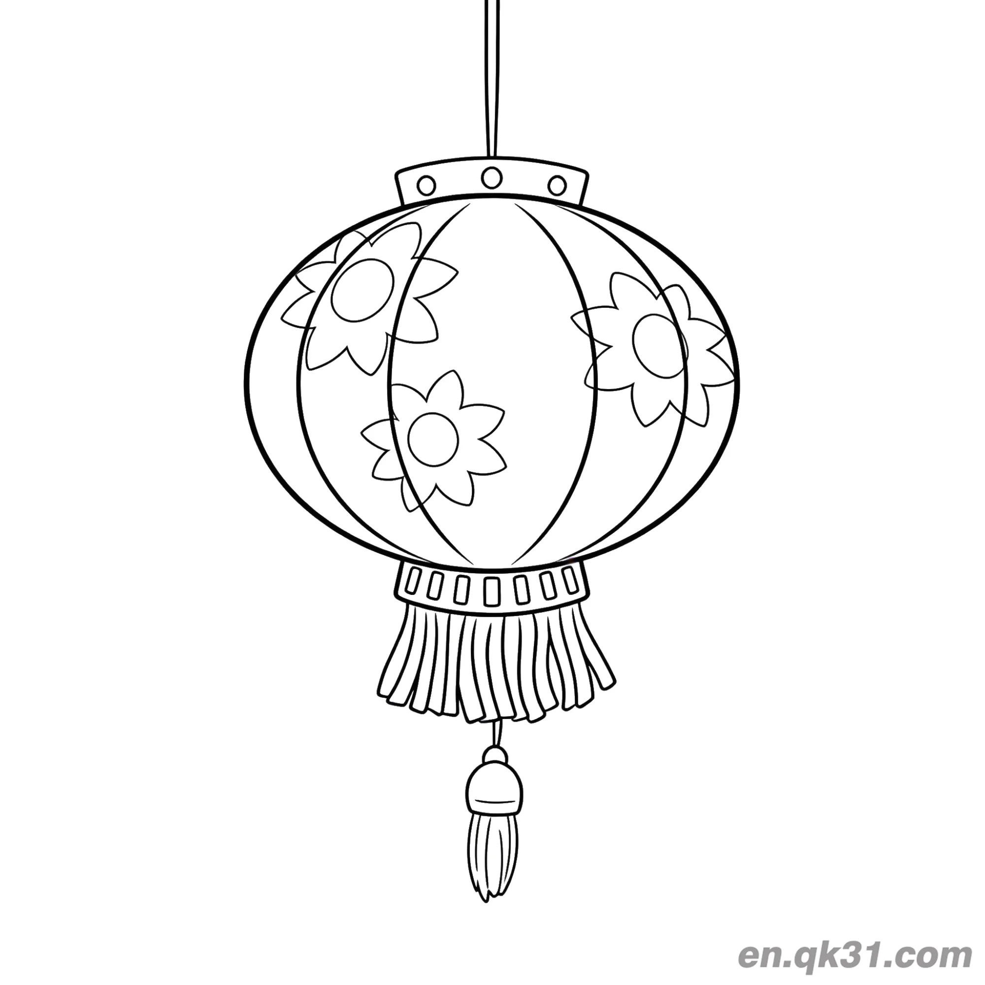 免费 中国新年涂色页：花卉图案灯笼 简笔画涂色页