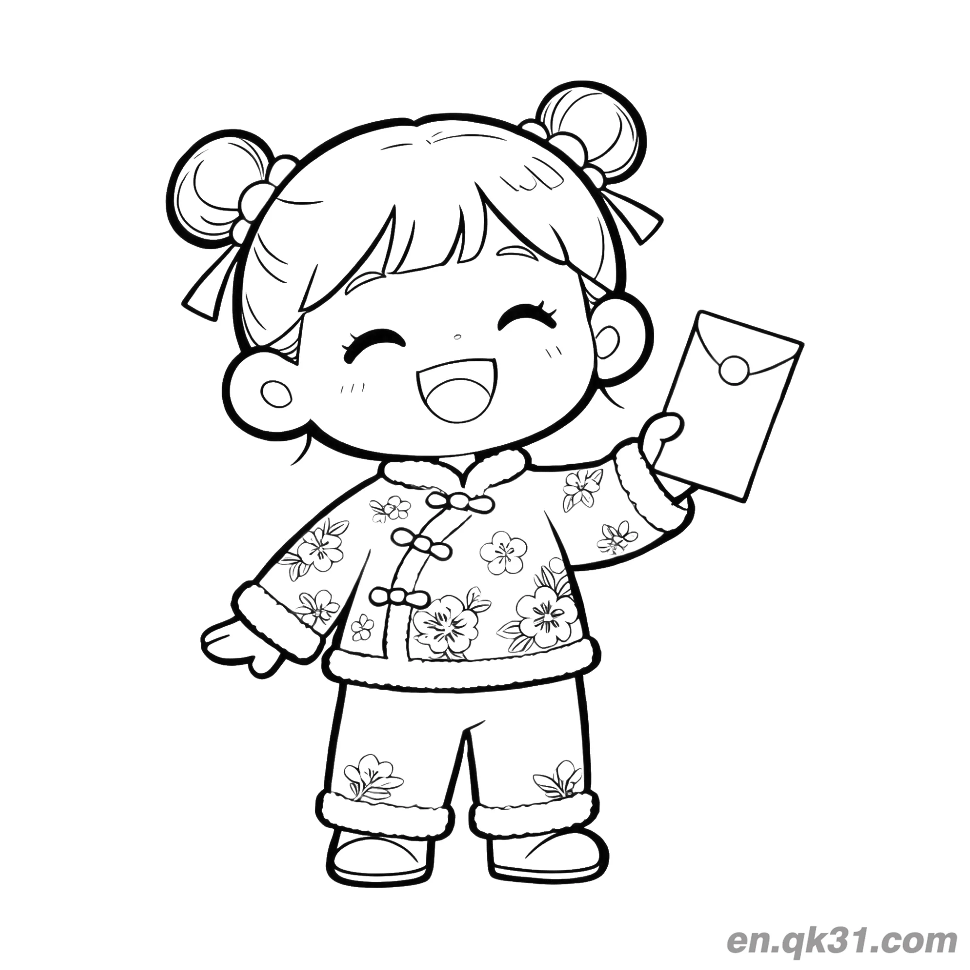 免费 中国新年涂色页：穿花卉服装的女孩手持红包 简笔画涂色页