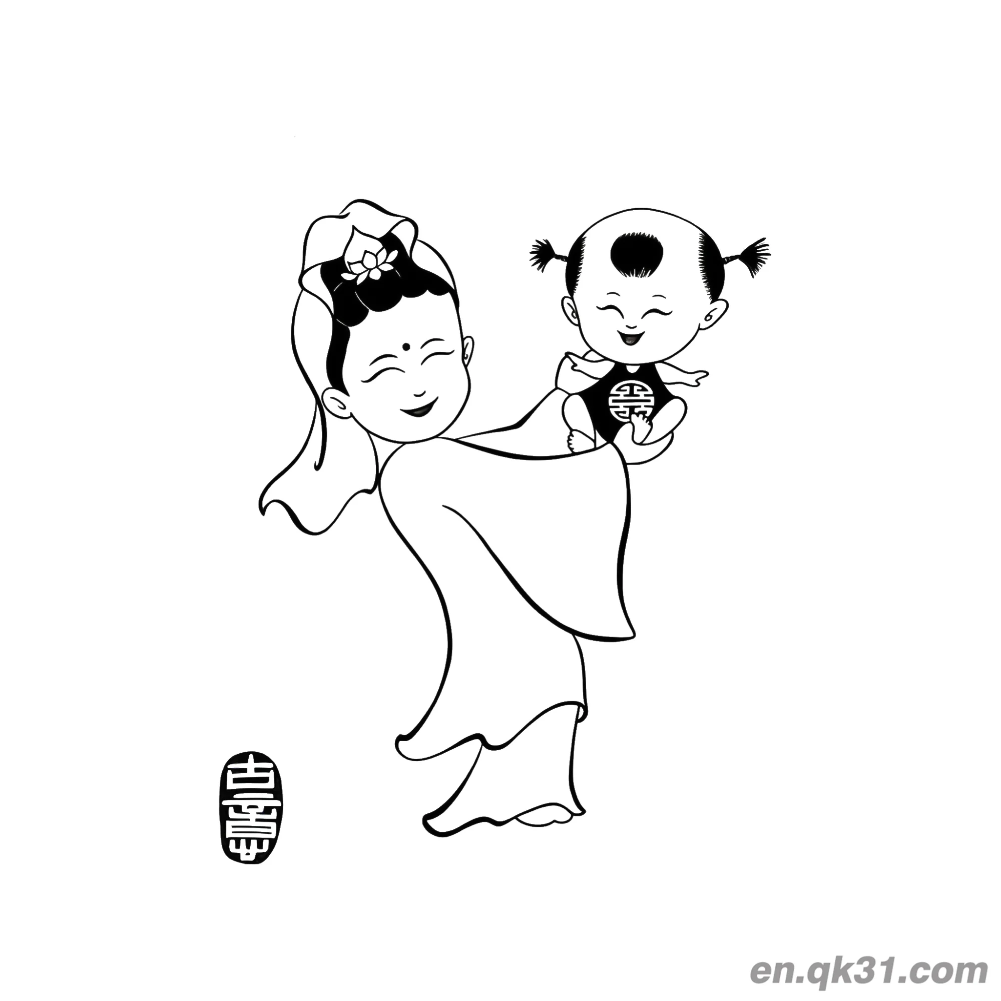 免费 中国新年涂色页：女神抱婴儿 简笔画涂色页