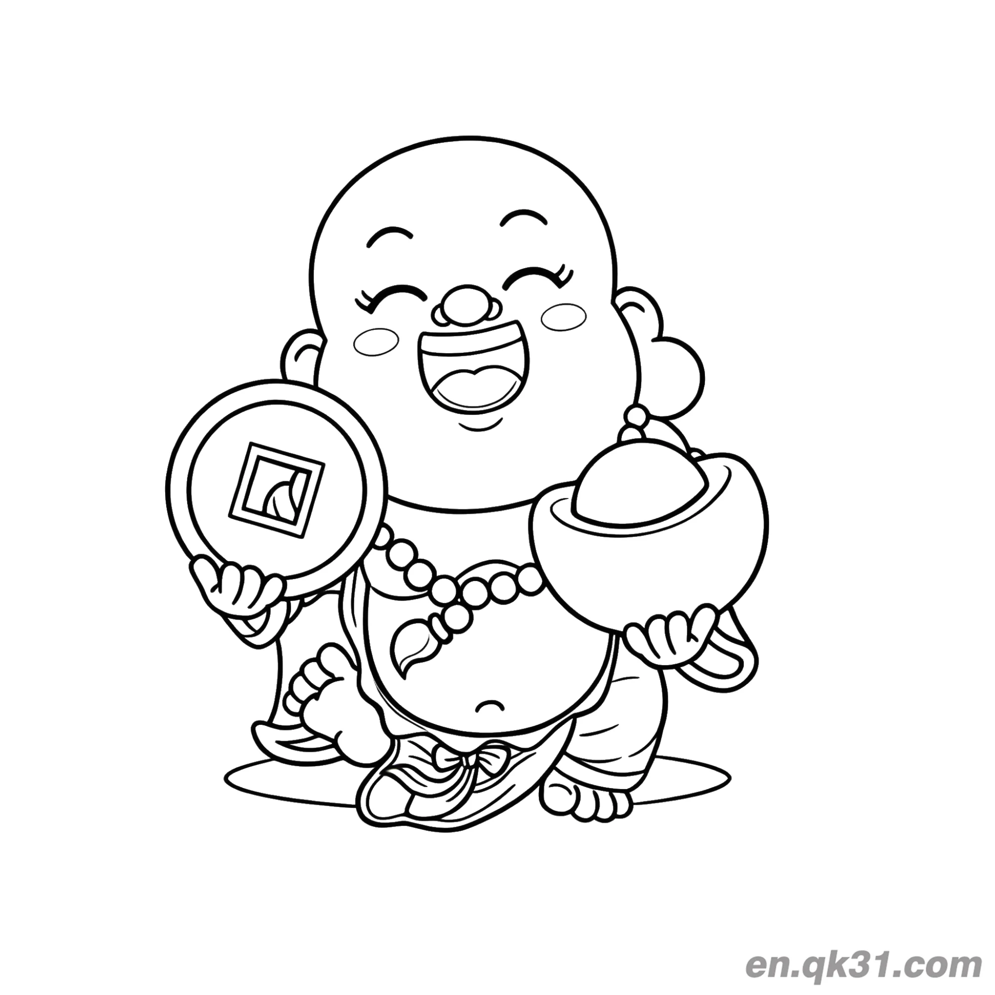 免费 中国新年涂色页：快乐佛手持硬币和金元宝 简笔画涂色页