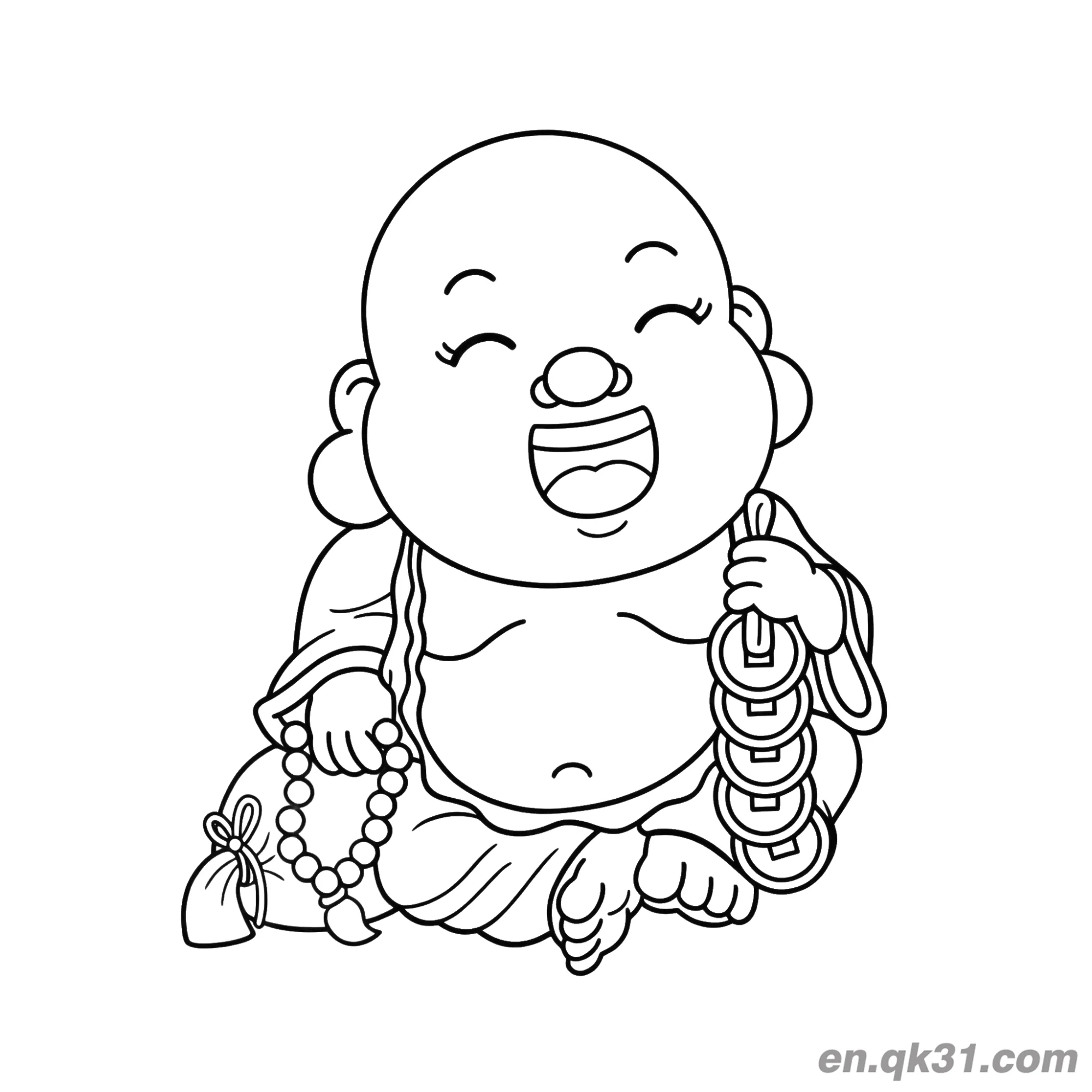 免费 中国新年涂色页：快乐佛手持硬币和念珠 简笔画涂色页