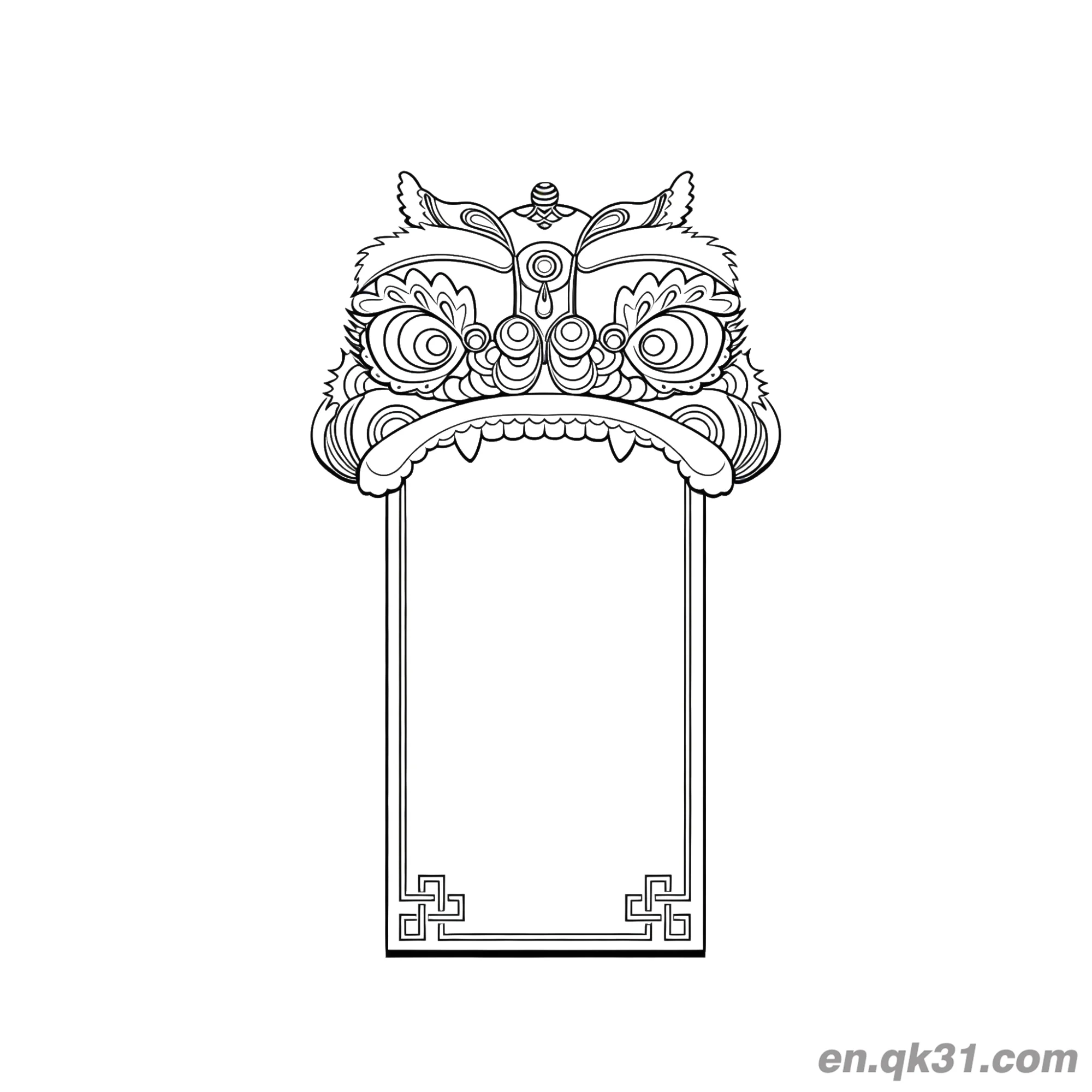 中国新年涂色页：舞狮头框架简笔画涂色画 – 为儿童和成人提供的免费可打印简笔画涂色画