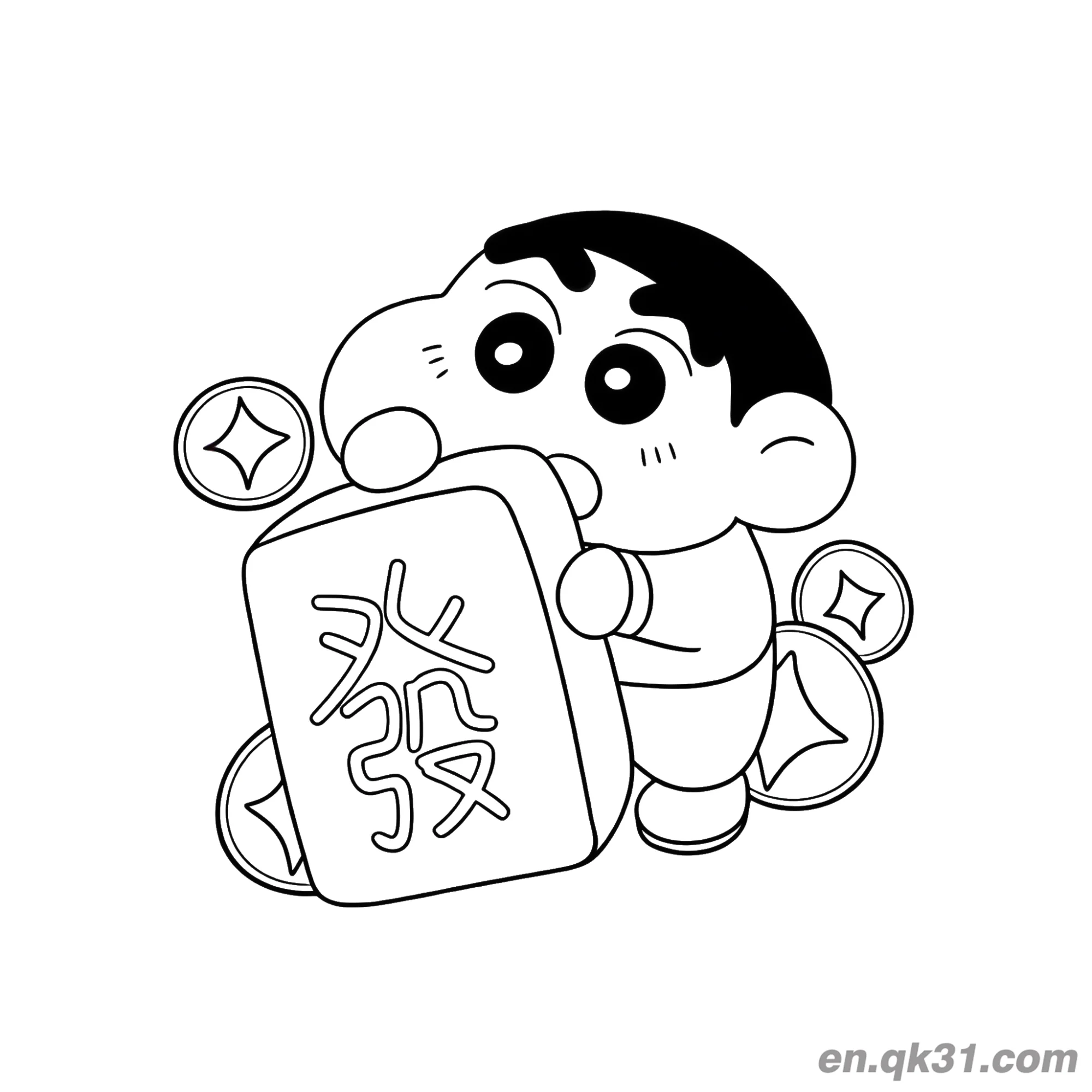 免费 中国新年涂色页：蜡笔小新手持发字瓷砖 简笔画涂色页