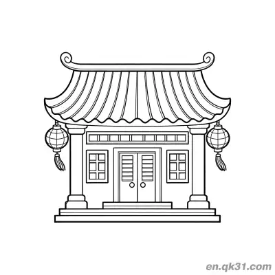 中国新年涂色页：传统中国房屋和灯笼 – 免费可打印简笔画涂色画