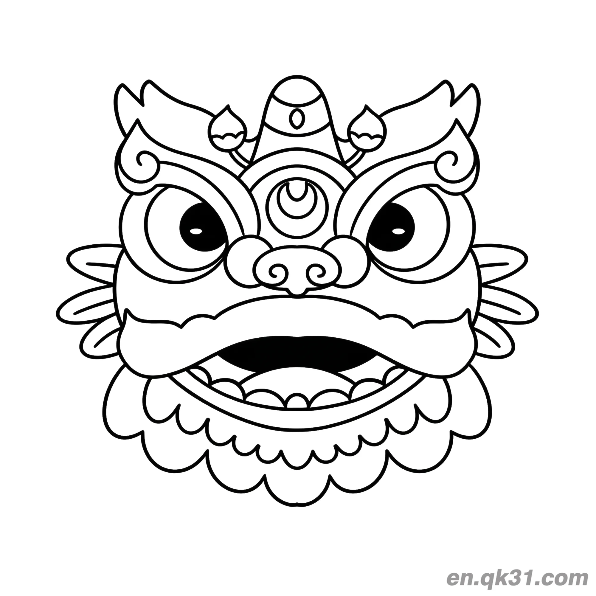 免费 中国新年涂色页：传统图案舞狮头 简笔画涂色页