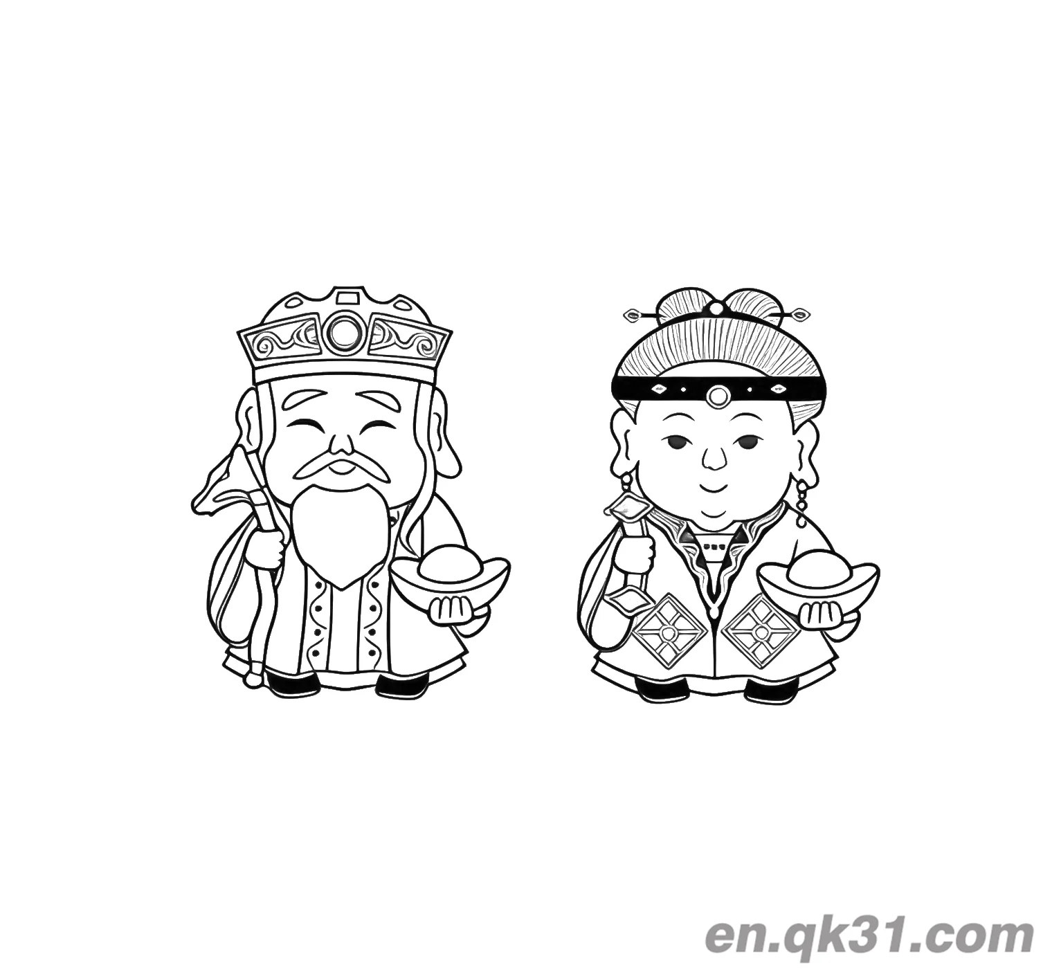 免费 中国新年涂色页：两位财神福德正神和其配偶 简笔画涂色页
