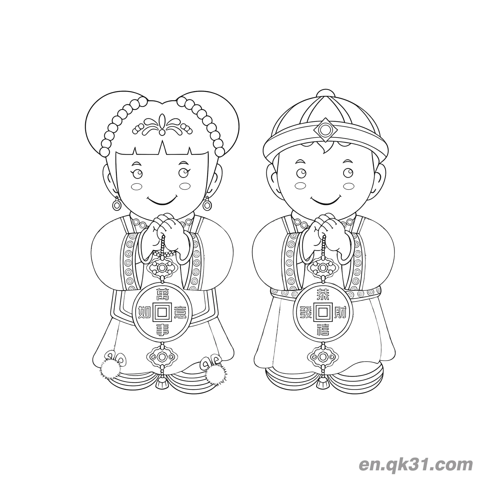 免费 中国新年涂色页：两个小孩问候和好运奖章 简笔画涂色页