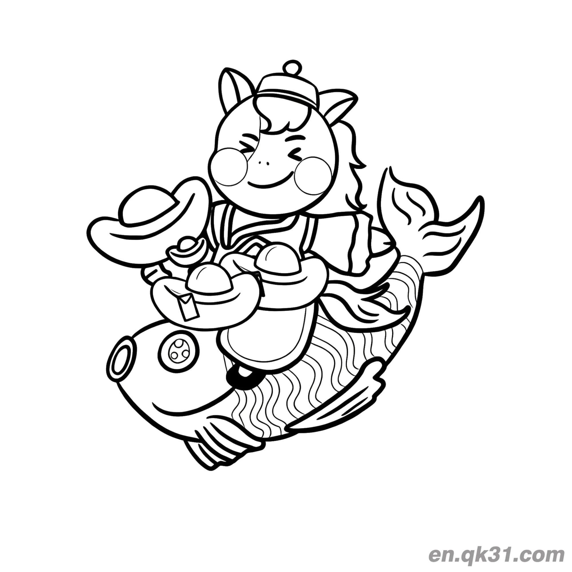 免费 中国新年涂色页：马年鱼和金元宝 简笔画涂色页