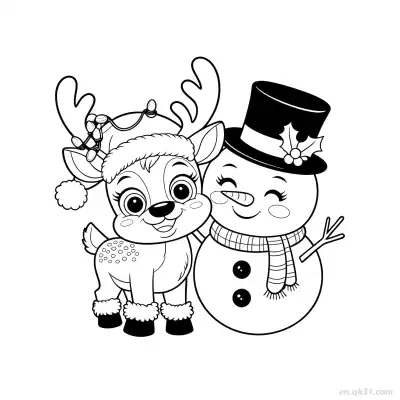 雪人和驯鹿节日涂色页 – 免费可打印简笔画涂色画