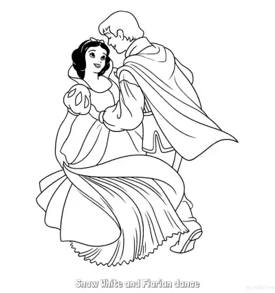 白雪公主与弗洛里安王子共舞简笔画涂色页 – 免费可打印简笔画涂色画