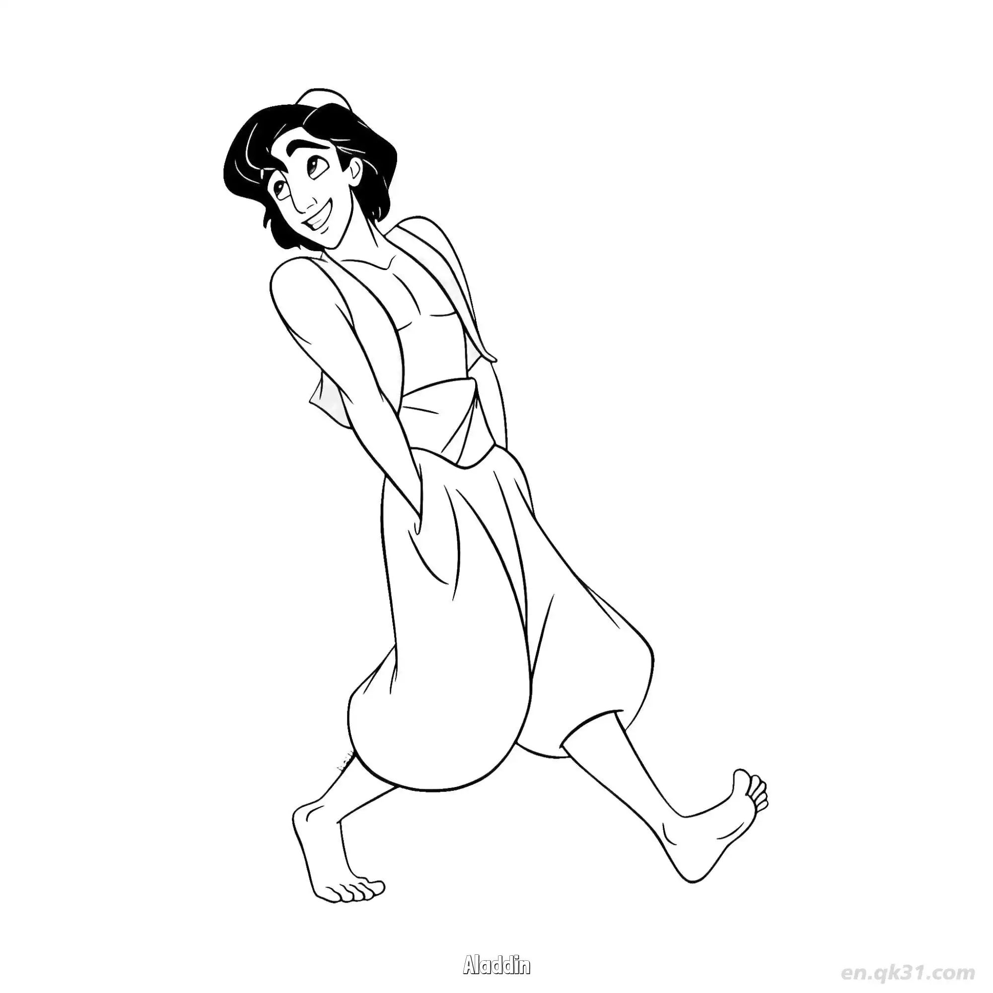 免费 阿拉丁俏皮回头行走涂色页 简笔画涂色页