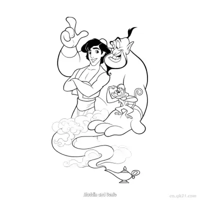 阿拉丁与精灵及阿布全家福涂色页 – 免费可打印简笔画涂色画