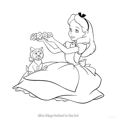 爱丽丝给猫戴花环 2简笔画 素描 涂鸦 - 免费可打印爱丽丝梦游仙境 下载PDF – 免费可打印简笔画涂色画