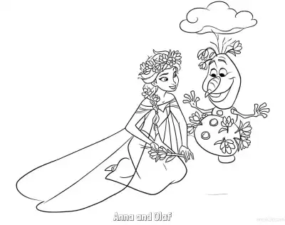 安娜与雪宝春季花朵涂色页 – 免费可打印简笔画涂色画