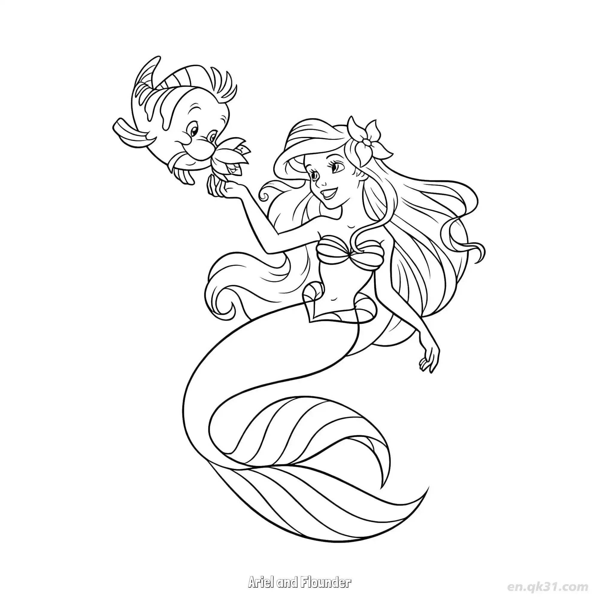 免费 爱丽儿和小比目鱼 3简笔画 素描 涂鸦 - 免费可打印迪士尼 小美人鱼 下载PDF 简笔画涂色页