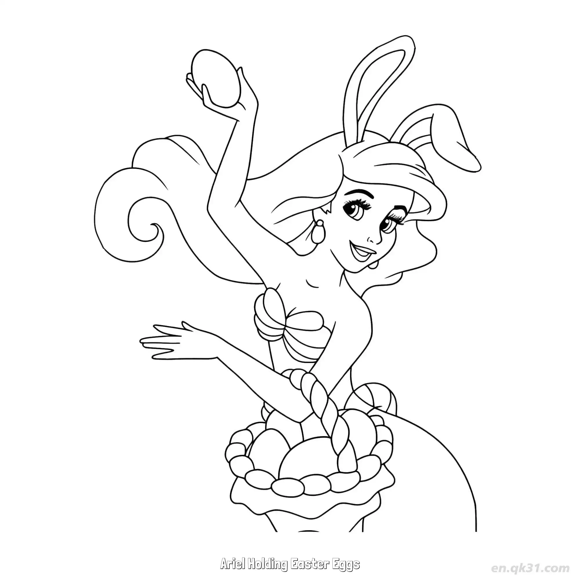 免费 爱丽儿拿着复活节彩蛋 简笔画 素描 涂鸦 - 免费可打印迪士尼 小美人鱼 下载PDF 简笔画涂色页