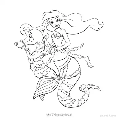 爱丽儿骑海马 2简笔画 素描 涂鸦 - 免费可打印迪士尼 小美人鱼 下载PDF – 免费可打印简笔画涂色画