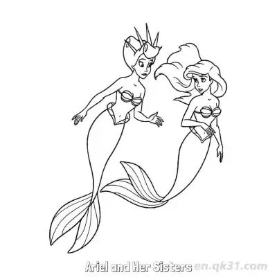 爱丽儿和姐姐们 2简笔画 素描 涂鸦 - 免费可打印迪士尼 小美人鱼 下载PDF – 免费可打印简笔画涂色画