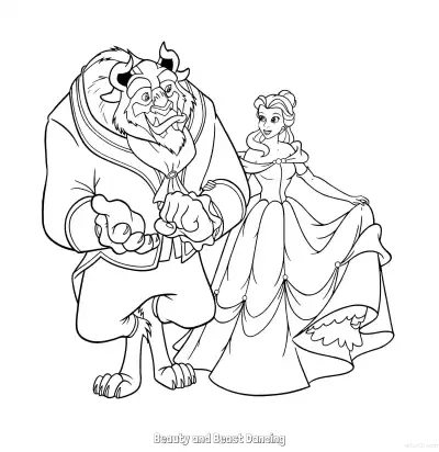 贝儿与野兽深情对视华尔兹简笔画涂色页 – 免费可打印简笔画涂色画