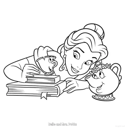 贝儿与茶壶太太一起阅读简笔画涂色页 – 免费可打印简笔画涂色画