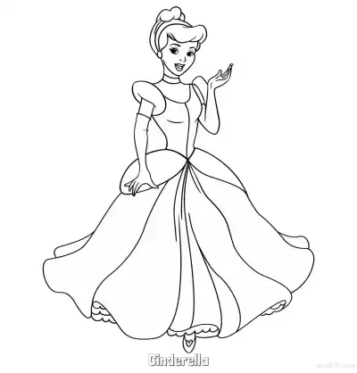 灰姑娘穿着舞会礼服优雅转身简笔画涂色页 – 免费可打印简笔画涂色画