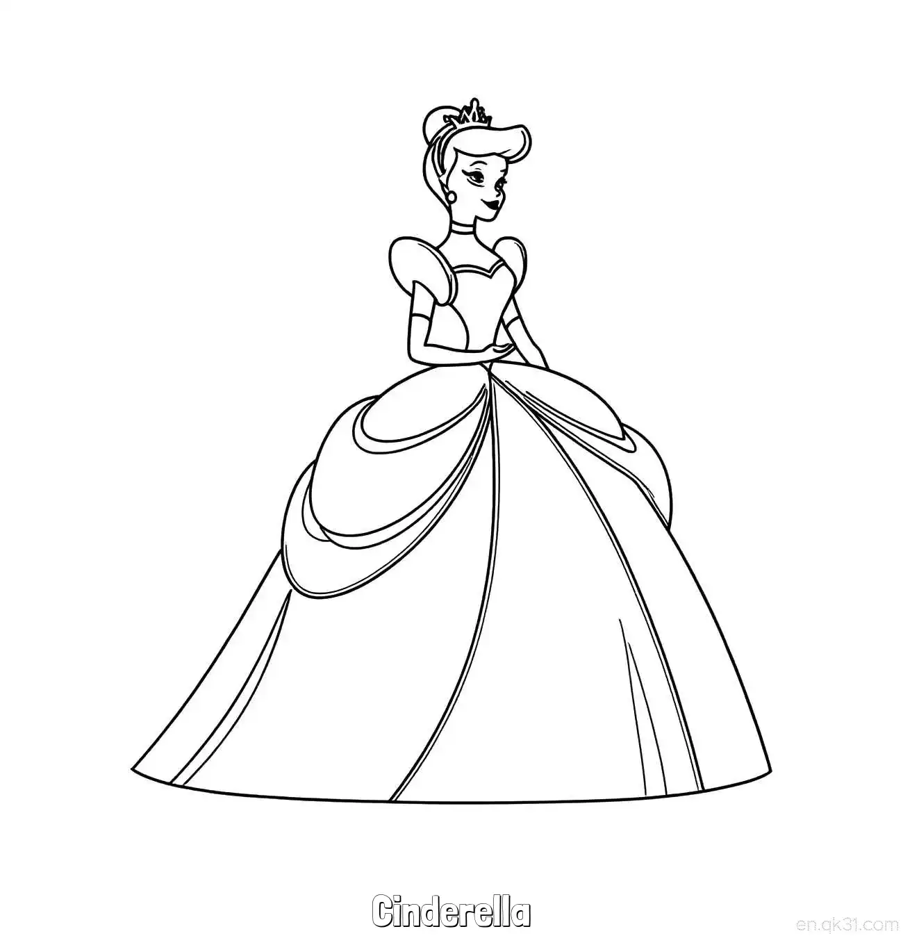 免费 灰姑娘戴皇冠端庄站立简笔画涂色页 简笔画涂色页