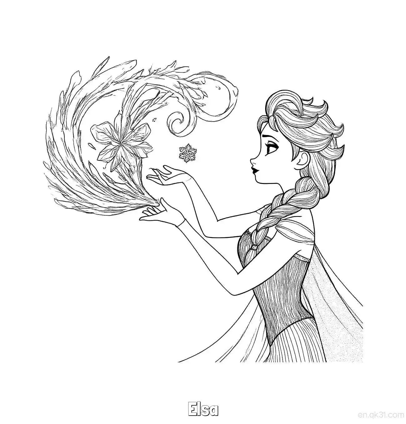 免费 艾莎与魔法生物互动侧面涂色页 简笔画涂色页
