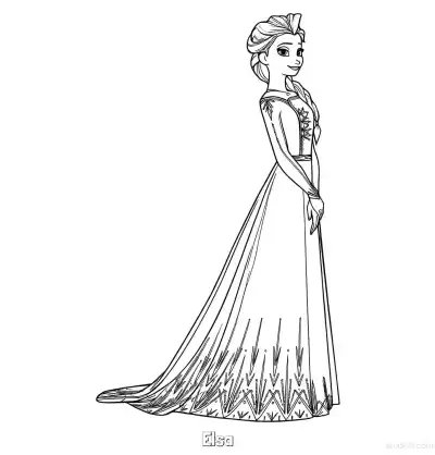 艾莎身穿几何花纹礼服侧面涂色页 – 免费可打印简笔画涂色画