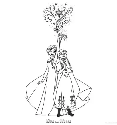 艾莎安娜冰雪魔法涂色页 – 免费可打印简笔画涂色画