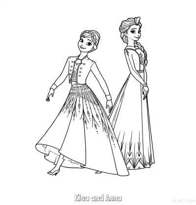 艾莎与安娜精致冬装涂色页 – 免费可打印简笔画涂色画