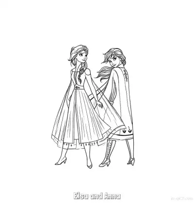 艾莎与安娜牵手转身涂色页 – 免费可打印简笔画涂色画