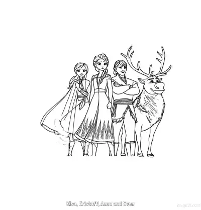 冰雪奇缘主角四人组合涂色页 – 免费可打印简笔画涂色画
