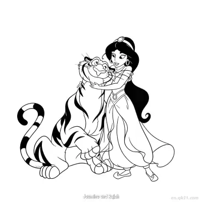 茉莉公主与老虎拉贾亲密拥抱涂色页 – 免费可打印简笔画涂色画