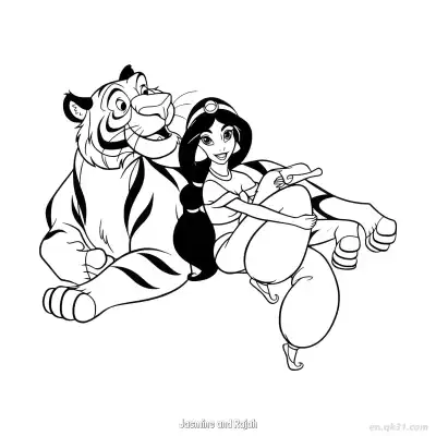 茉莉公主坐在老虎腿上温馨涂色页 – 免费可打印简笔画涂色画