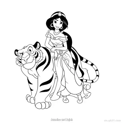 茉莉公主伏在老虎背上休息涂色页 – 免费可打印简笔画涂色画