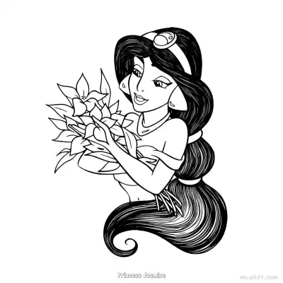 茉莉公主怀抱花束微笑简笔画涂色页 – 免费可打印简笔画涂色画