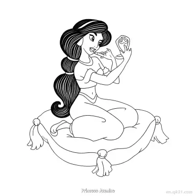 茉莉公主跪坐垫上整理妆容涂色页 – 免费可打印简笔画涂色画