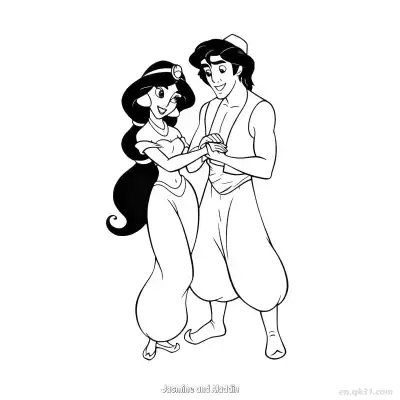 阿拉丁与茉莉公主挽手同行涂色页 – 免费可打印简笔画涂色画