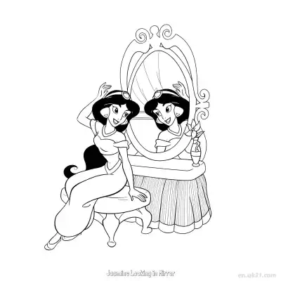 茉莉公主对镜梳妆涂色页 – 免费可打印简笔画涂色画