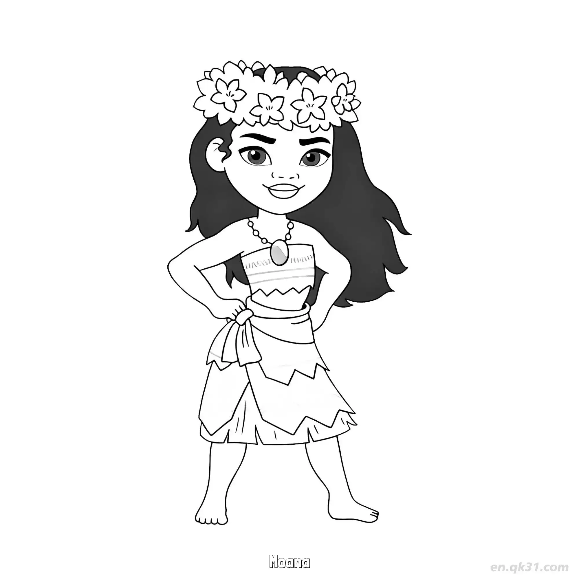 免费 莫阿娜戴花环双手叉腰简笔画涂色页 简笔画涂色页