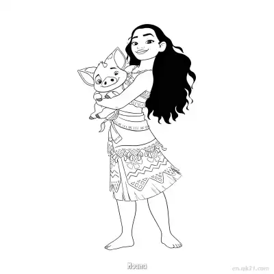 莫阿娜紧紧抱着胖胖猪简笔画涂色页 – 免费可打印简笔画涂色画