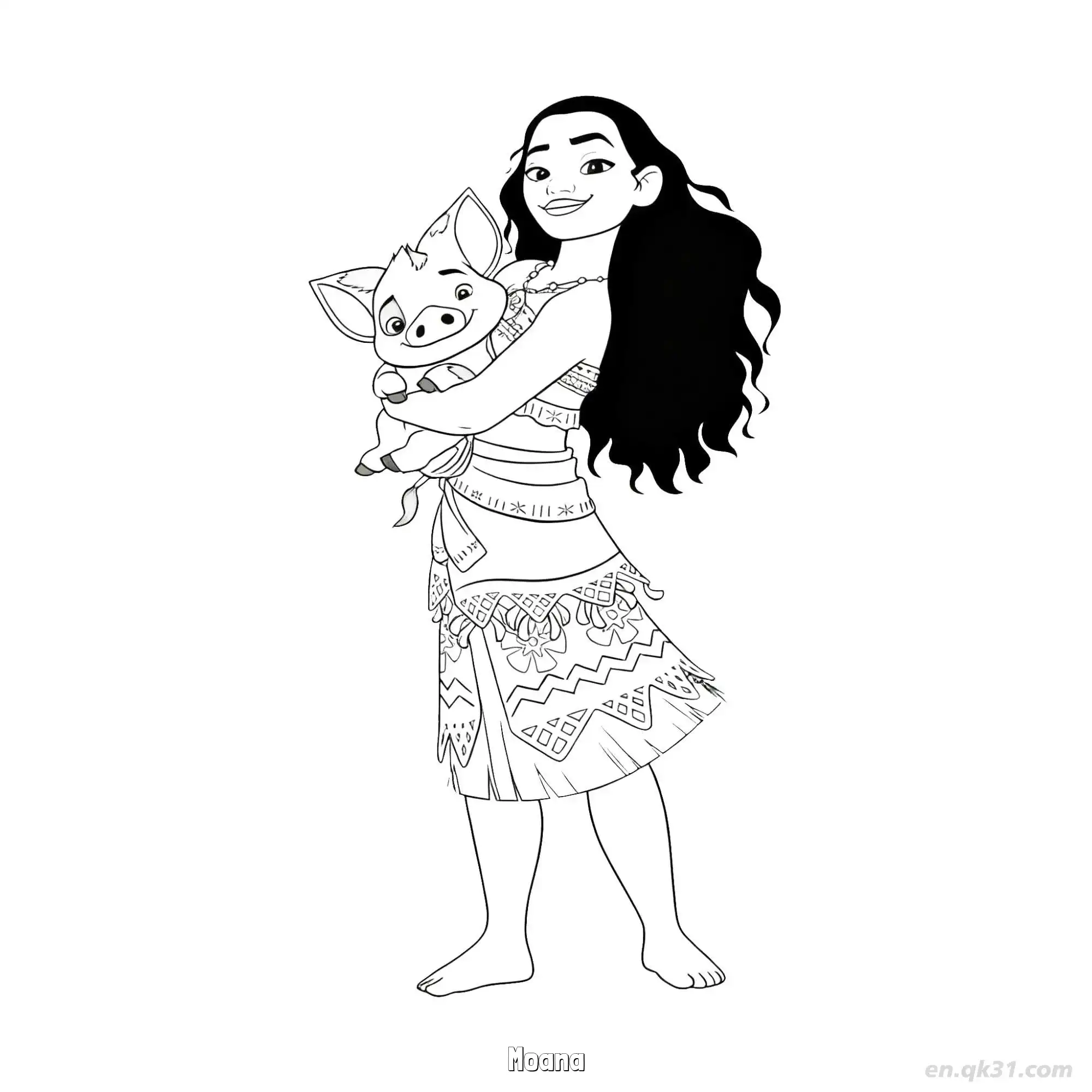 免费 莫阿娜紧紧抱着胖胖猪简笔画涂色页 简笔画涂色页