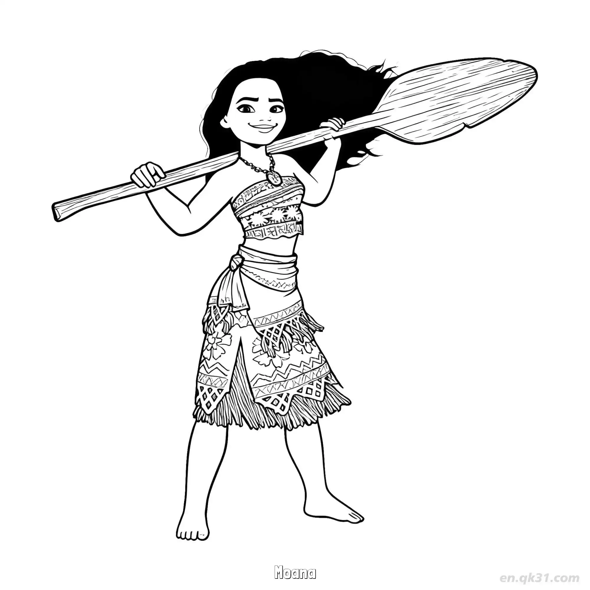 免费 莫阿娜肩上扛着船桨简笔画涂色页 简笔画涂色页