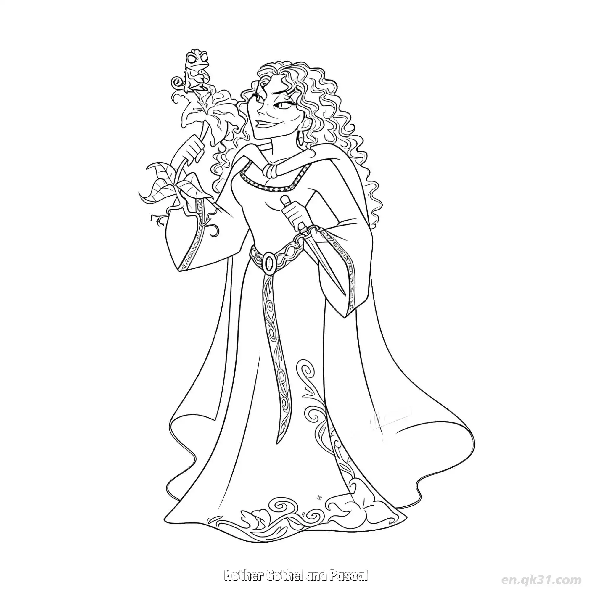 免费 葛索妈妈与帕斯卡拿着花简笔画涂色页 简笔画涂色页