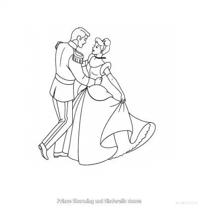 灰姑娘中王子环抱灰姑娘腰共舞简笔画涂色页 – 免费可打印简笔画涂色画