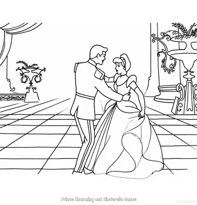 灰姑娘中王子与灰姑娘在宫殿大厅共舞简笔画涂色页 – 免费可打印简笔画涂色画