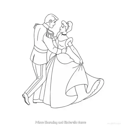 灰姑娘中王子与灰姑娘深情对视共舞简笔画涂色页 – 免费可打印简笔画涂色画